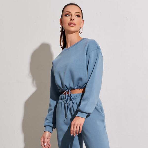 

Thermal Lined Drawstring Hem Crop Sweatshirt, Dusty blue