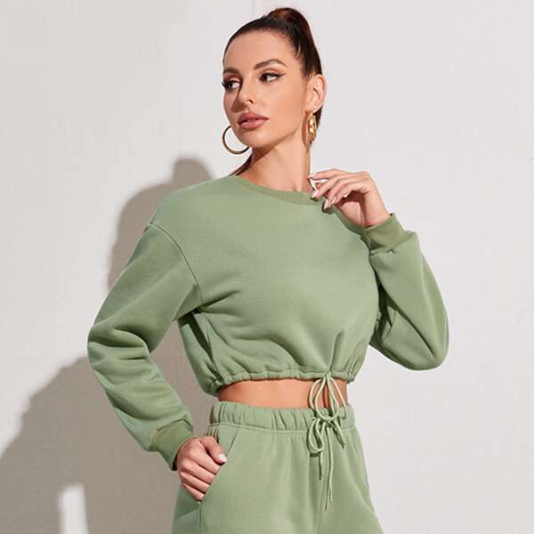 

Thermal Lined Drawstring Hem Crop Sweatshirt, Army green
