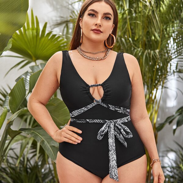 

Plus Snakeskin Detail Tie Waist One Piece Swimsuit, Black