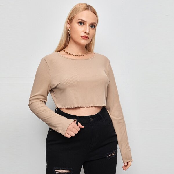 

Plus Lettuce Trim Rib-knit Tee, Apricot