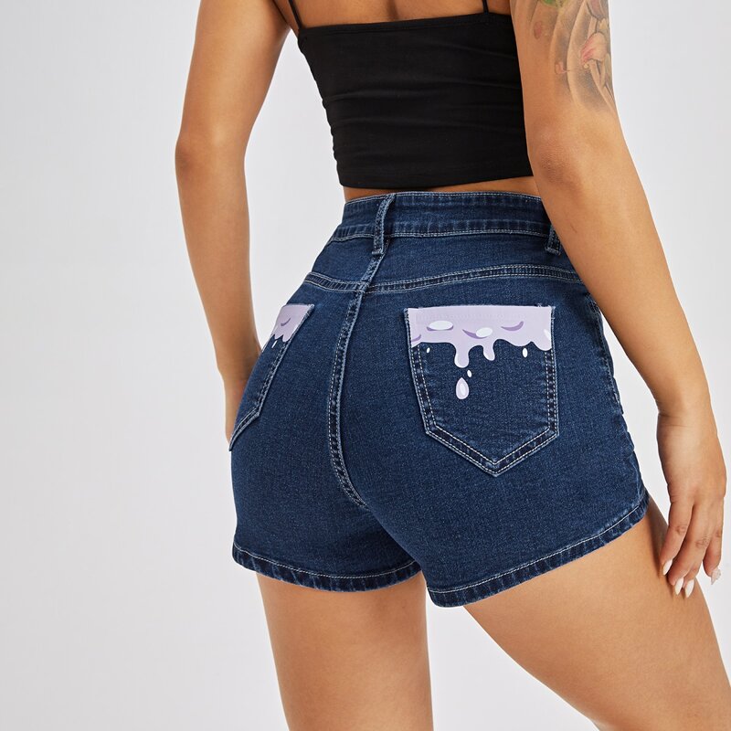 

Graphic Print Skinny Denim Shorts, Dark wash