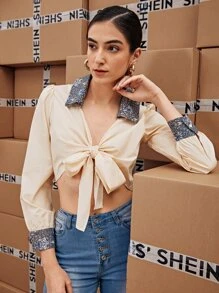 SHEIN Unity Top con cordón delantero de cuello con estampado de planta - Beis - Ver 3