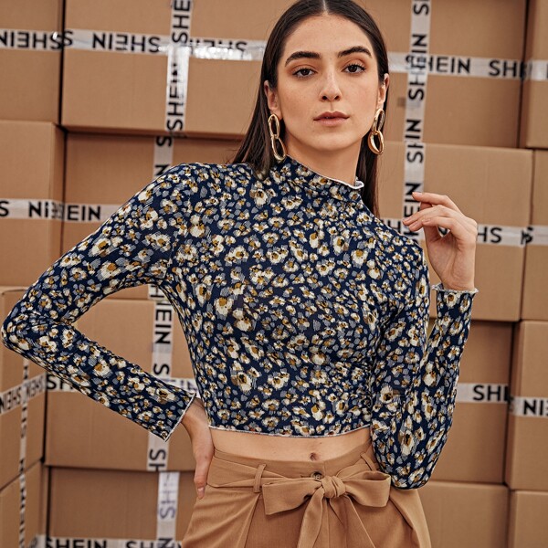 

Mock-Neck Allover Print Crop Top, Multicolor