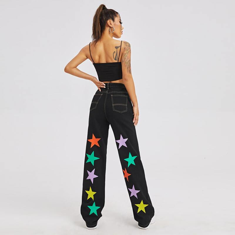 

High Waist Star Print Jeans, Black