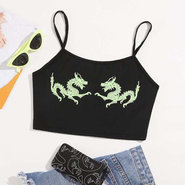 

Chinese Dragon Print Cami Top, Black