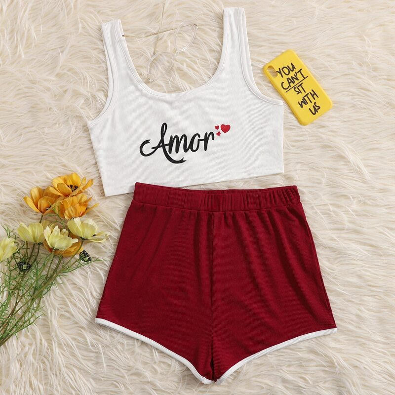 

Letter & Heart Print Pajama Set, Red and white
