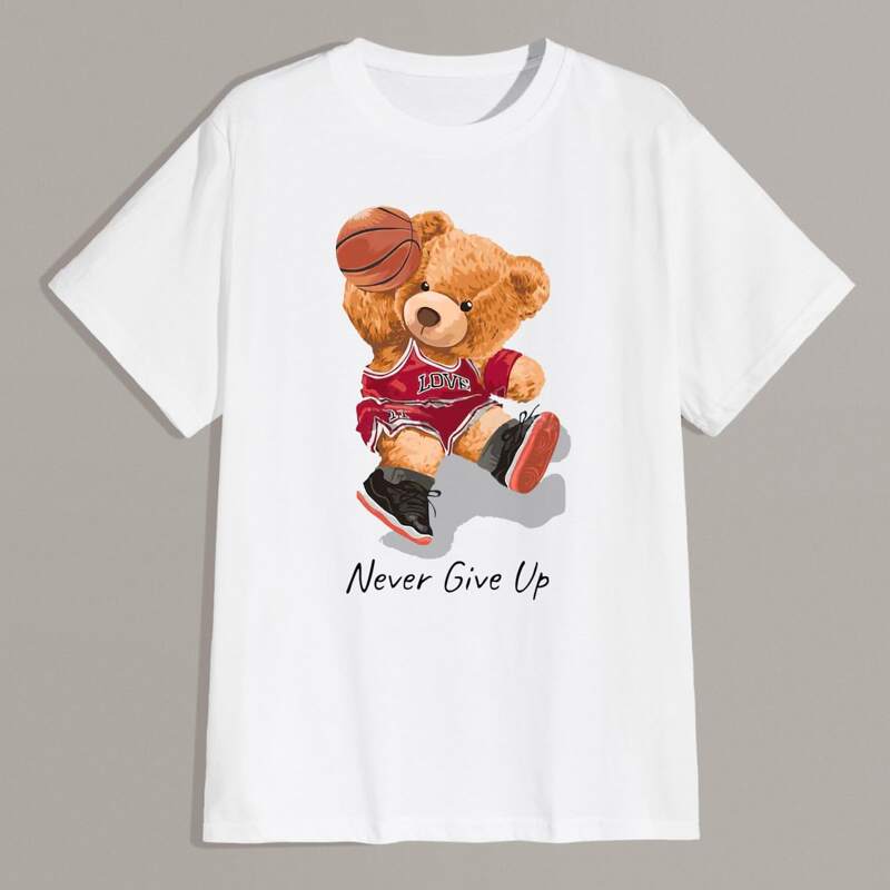 Guys Cartoon Bear & Slogan Graphic Tee, White
