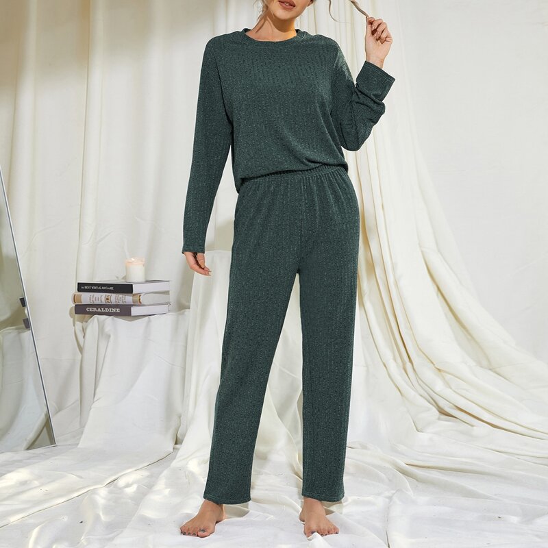 

Drop Shoulder Rib-knit Solid Lounge Set, Dark green