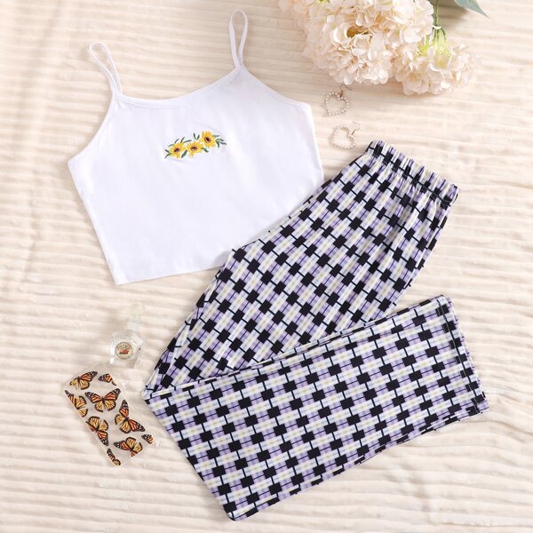 

Floral Print Cami Top & Plaid Pants Pajama Set, Multicolor
