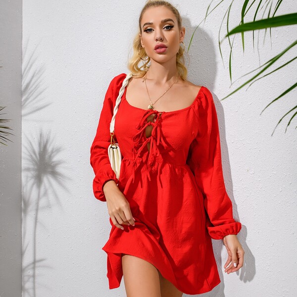 

Lantern Sleeve Knot Front Dress, Red bright