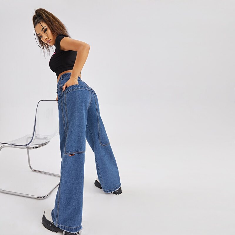 

High Waist Pocket Back Wide Leg Jeans, Medium wash