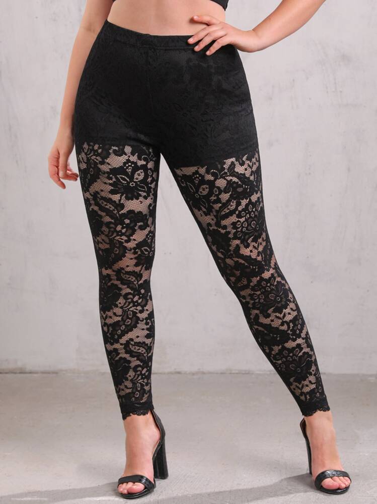 SHEIN Leggings de talla grande Transparente Liso Sexy - Negro - Añade 1