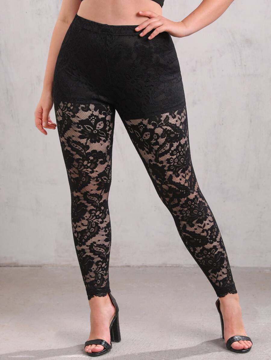 SHEIN Leggings de talla grande Transparente Liso Sexy - Negro - Ver 1