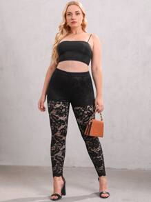 SHEIN Leggings de talla grande Transparente Liso Sexy - Negro - Ver 5