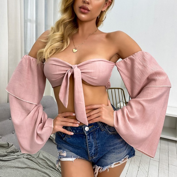 

Off Shoulder Flounce Sleeve Knot Front Top, Dusty pink