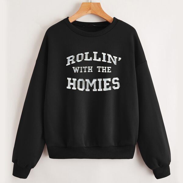 

Drop Shoulder Slogan Embroidered Thermal Lined Pullover, Black
