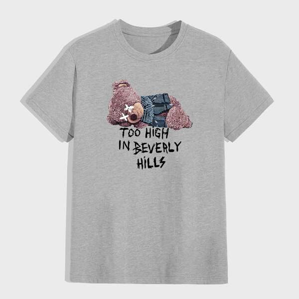 

Men Cartoon Bear And Slogan Print Tee, Light grey