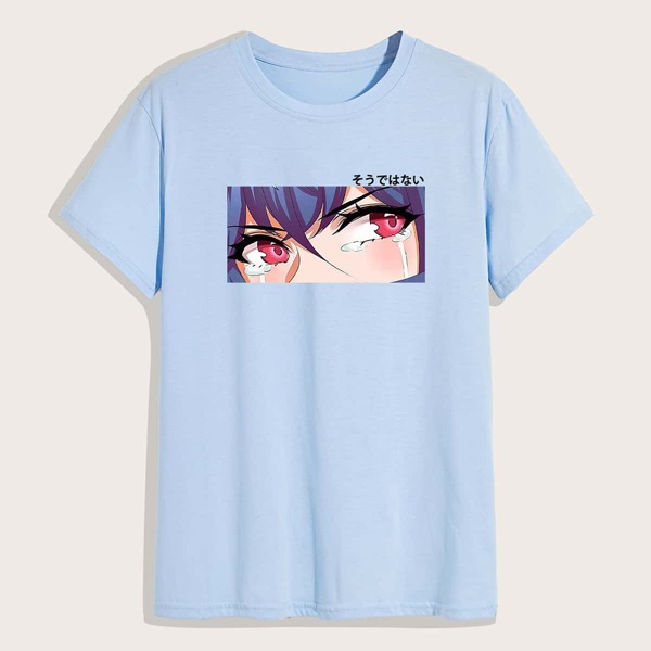 

Men Cartoon And Japanese Letter Graphic Tee, Baby blue