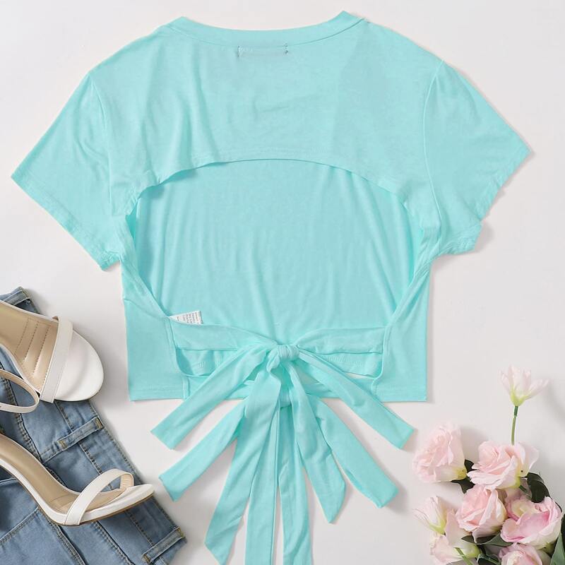 

Tied Backless Slim Crop Tee, Mint blue