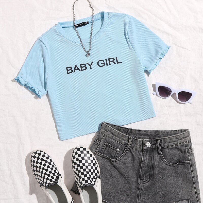 

Letter Graphic Frill Trim Tee, Baby blue