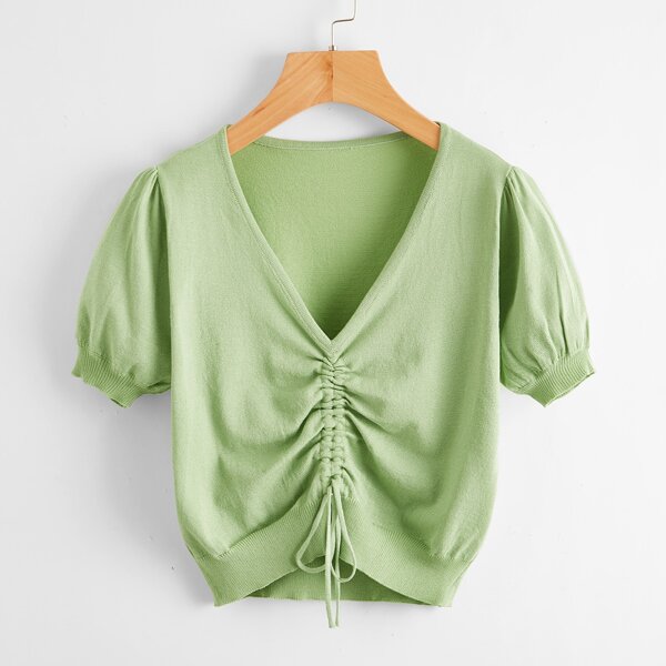 

Drawstring Ruched Solid Knit Top, Lime green