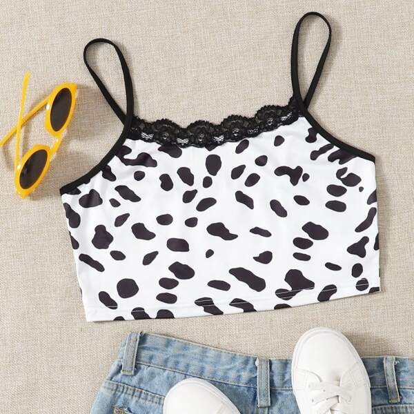 

Lace Trim Cow Print Crop Cami Top, Black and white