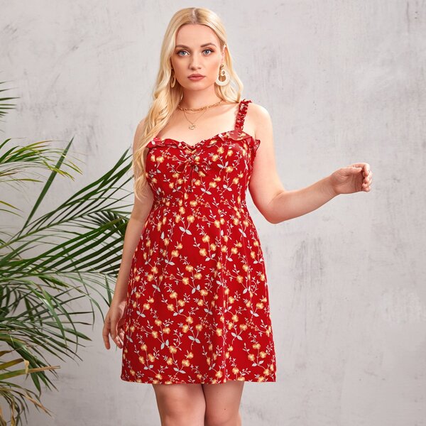 

Plus Floral Print Frill Trim Cami Dress, Red