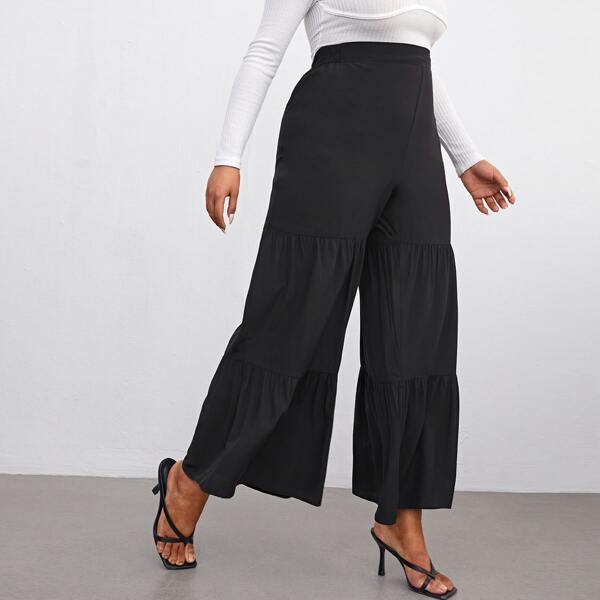 

Plus Solid Ruffle Hem Wide Leg Pants, Black
