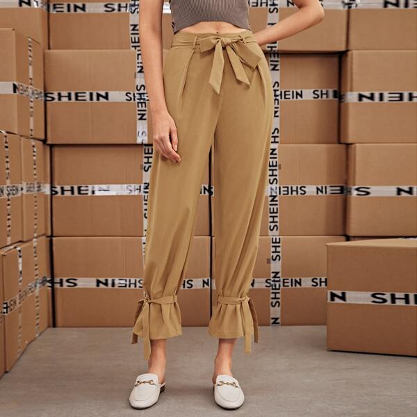 

Knot Hem Belted Solid Pants, Khaki