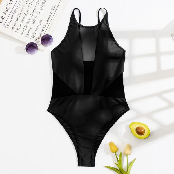 

Contrast Mesh One Piece Swimsuit, Black