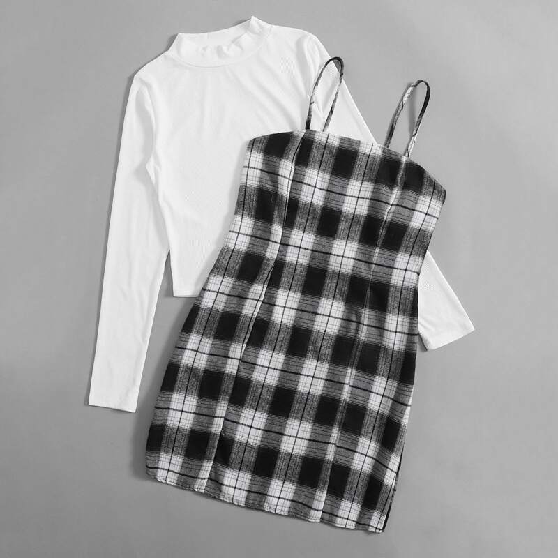 

Mock Neck Top & Plaid Cami Dress, Black and white
