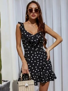 Ruffle Trim Polka Dot Dress - Black - View 2