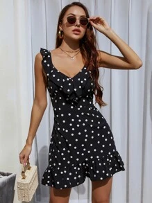 Ruffle Trim Polka Dot Dress - Black - View 5