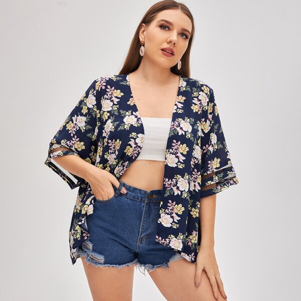

Plus Floral Contrast Mesh Kimono, Multicolor