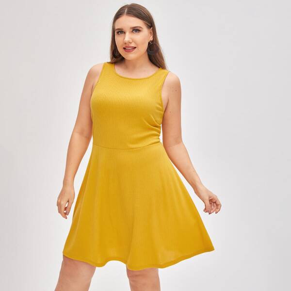 

Plus Rib-knit Solid Tank Dress, Yellow