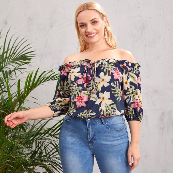 

Plus Floral Knot Front Off Shoulder Ruffle Trim Top, Multicolor
