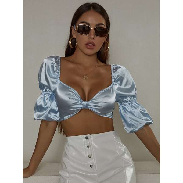 

Ruched Front Shirred Back Satin Crop Top, Baby blue