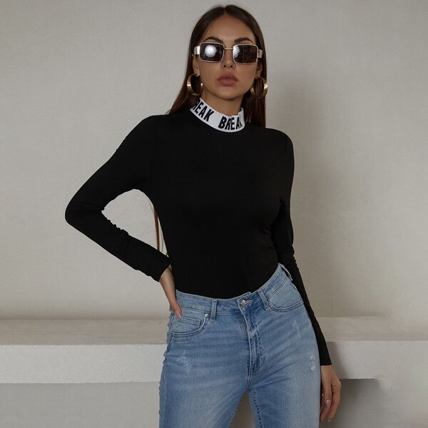 

Contrast Letter Mock Neck Tee Bodysuit, Black
