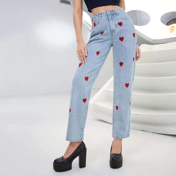 

Heart Pattern Light Wash Jeans