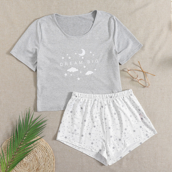 

Star & Slogan Graphic PJ Set, Multicolor