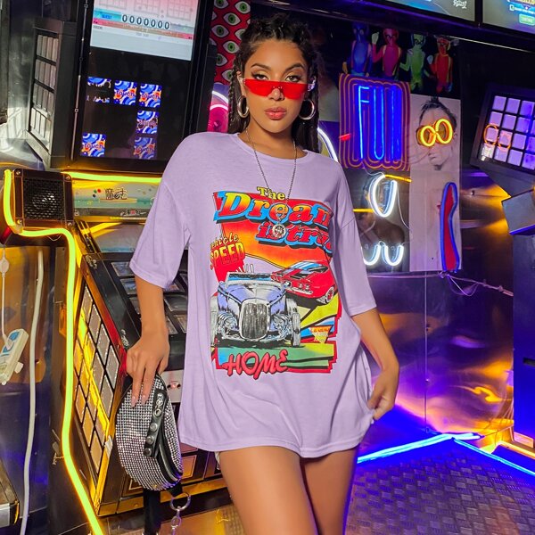 

Car And Letter Graphic Oversized Tee, Lilac purple
