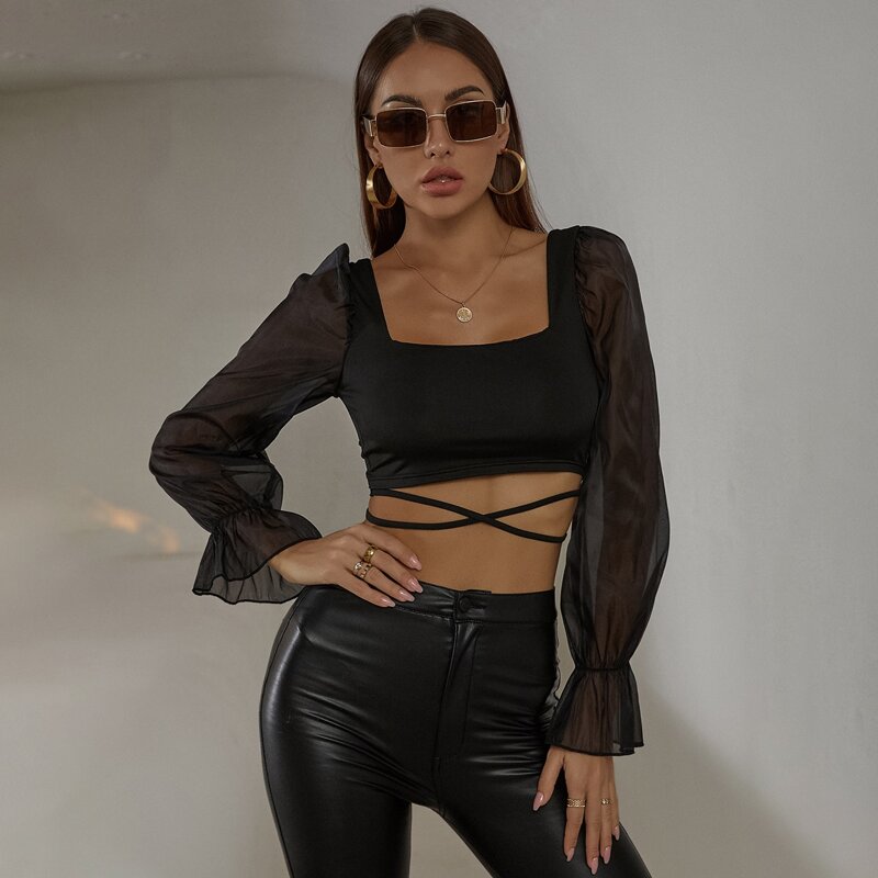 

Flounce Sleeve Tie Back Top, Black