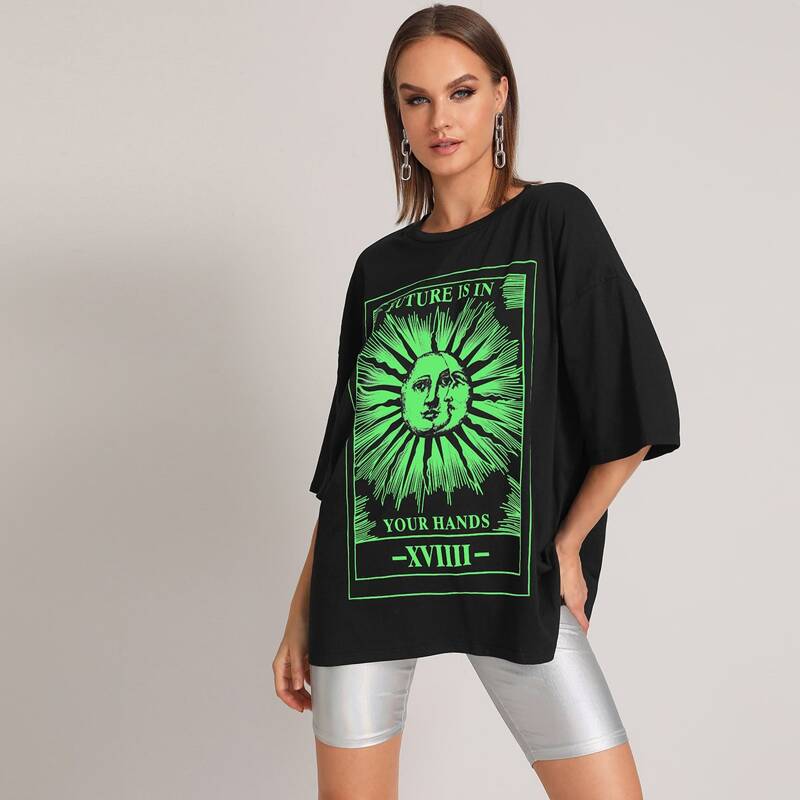 

Drop Shoulder Letter Graphic Oversized Tee, Black