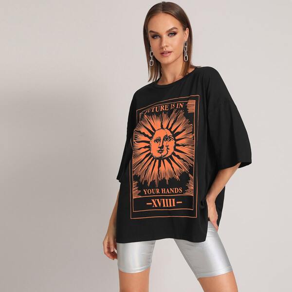 

Drop Shoulder Letter Graphic Oversized Tee, Black