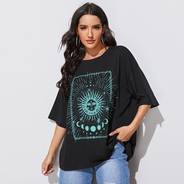 

Graphic Print Drop Shoulder Tee, Black
