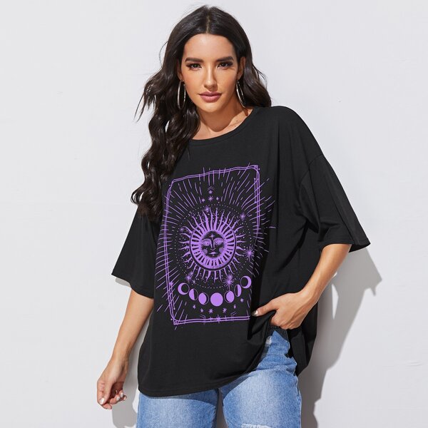 

Graphic Print Drop Shoulder Tee, Black