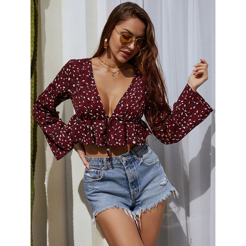 

Tie Front Leopard Peplum Top, Maroon