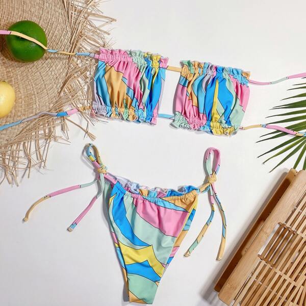 

Geo Print Ruched Bandeau Thong Bikini Swimsuit, Multicolor