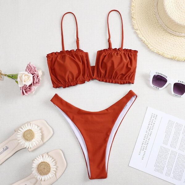 

Ruched Frill V Wired Bikini Swimsuit, Rust brown