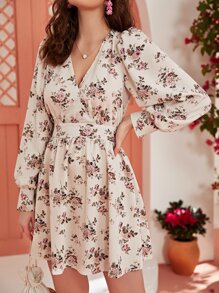 Surplice Neck Floral Dress - Beige - View 3